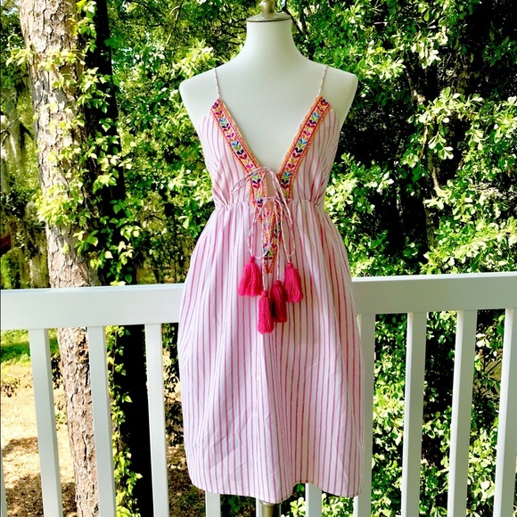 NWT Small Pink Pinstripe Embroidery Tassel Adjustable Tie Front Dress - Picture 6 of 9